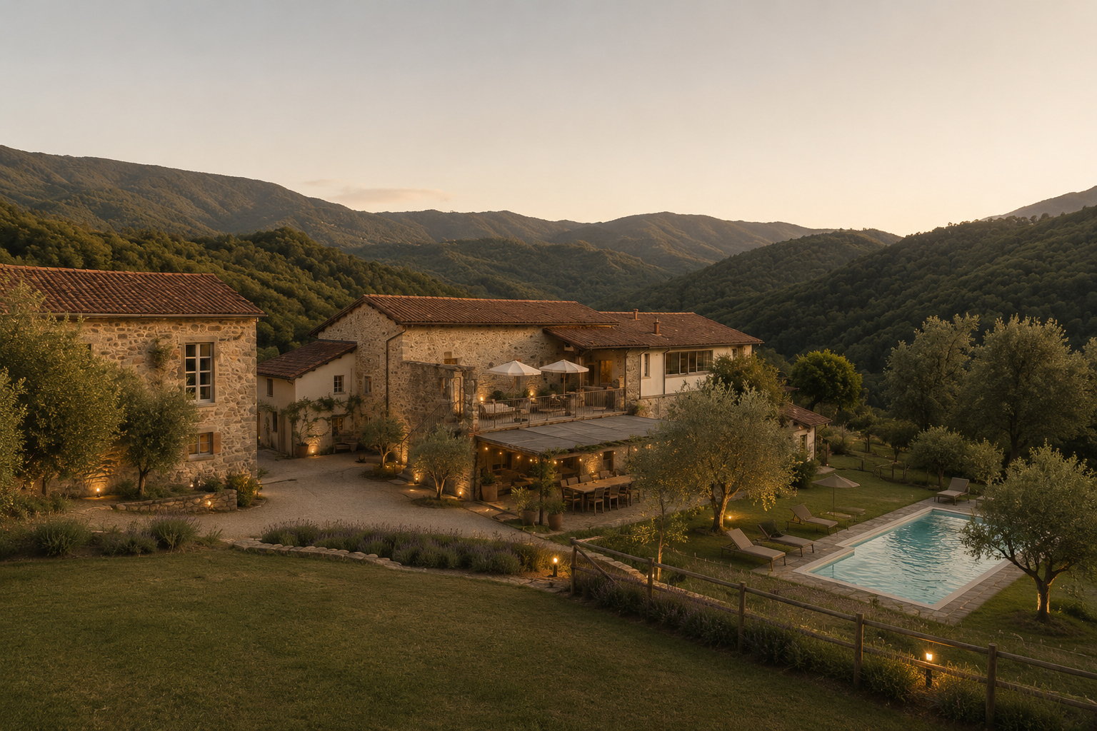 Solari estate in Tuscany at dusk, stone farmhouses with a pool and olive groves